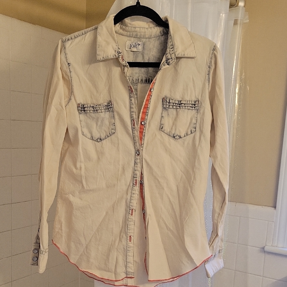 Cream Button Down Shirt with Salmon Accents